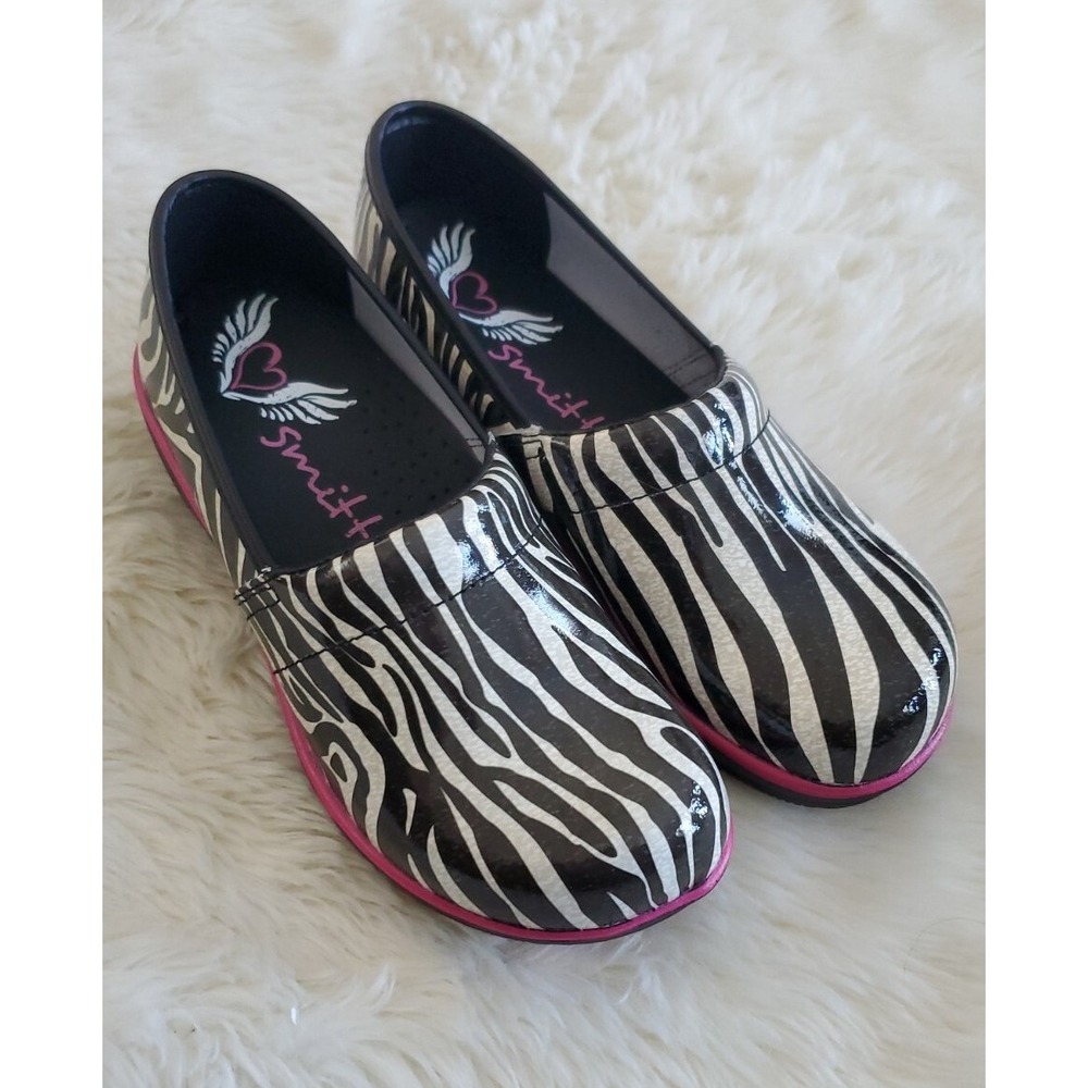 SMITTEN Women's Zebra Print Patent Leather Slip On Clog Nursing Shoe EUR Size 38